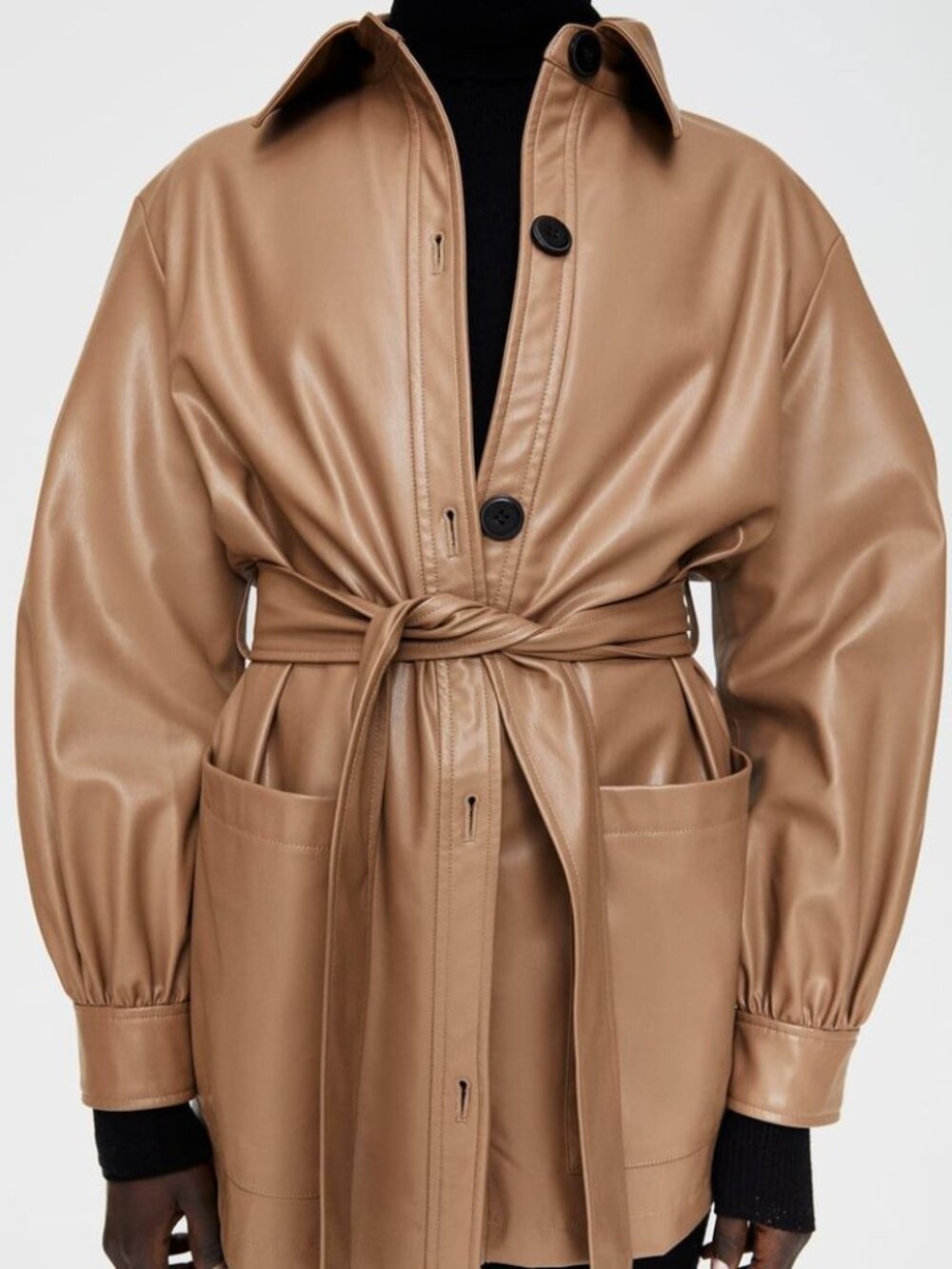 ZARA Faux Leather Contrast Button Overshirt Belted Jacket Shacket Top